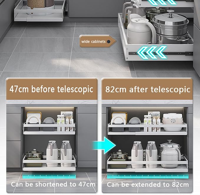 Upgraded version Pull Out Cabinet Organizer, Kitchen Sliding Shelf Under Sink Shelf, No Need Drill, kitchen cabinets, Expandable Drawer Shelves, Telescopic range 47~82cm (42cmX47-82X7cm)