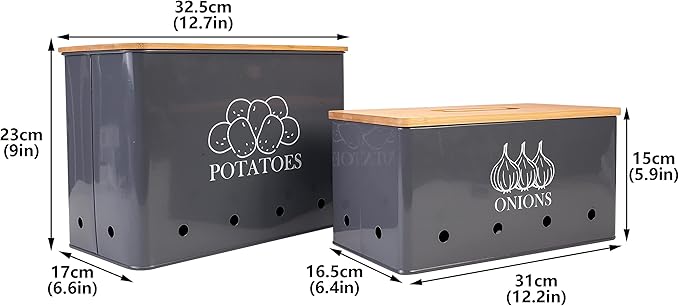 Potato and Onion Storage Bin Set of 2, Vented Metal Vegetable Storage with Wooden Lids, Farmhouse Kitchen Canisters for Countertop Pantry Organizer, Potato Bin Onion Holder for Produce Storage, Grey