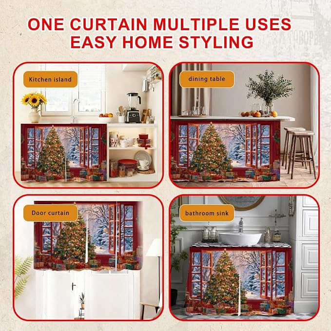 Self Adhesive Open Window View Cabinet Curtain for Mother's Day, 39x28 Inch Festive Tree Under Sink Skirt No Drill, Spring Cleaning Kitchen Decor, Hook and Loop Laundry Valance