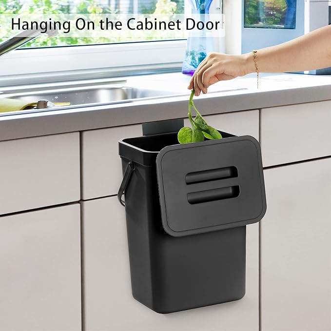 stonespace Under Sink Trash Can，Kitchen Compost Bin, Diaper Pail, 3.2 Gallon/12L Hanging Garbage Can for Baby Crib/Bathroom/Cupboard, Plastic Food Waste Bin,1 Pack Black