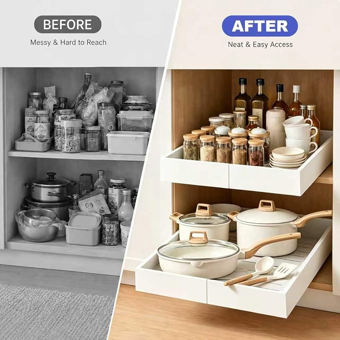 Expandable Pull Out Cabinet Organizer, No-Drill Pull Out Drawers, Roll-Out Shelf with Adhesive Pad & 3 Slide Rails for Framed Cabinets, Kitchen Pantry, 21" Deep, 12.2"-20.4", White, 4 Pack