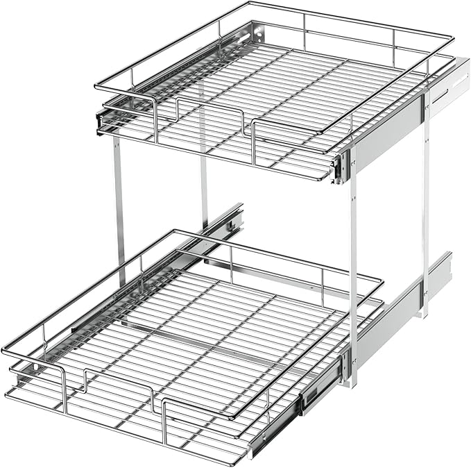 LOVMOR 2 Tier Individual Pull Out Cabinet Organizer 14" W x 18" D, Slide Out Kitchen Cabinet Storage Sliding Shelves
