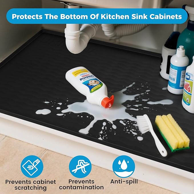 URMONA 28'' x 19'' Waterproof Silicone Under Sink Mat Cabinet and Counter Protector, Shelf Liner for Kitchen and Bathroom, Storage and Organizers, Litter Mat, Pet Cat Puppy Essentials（Light Cream）