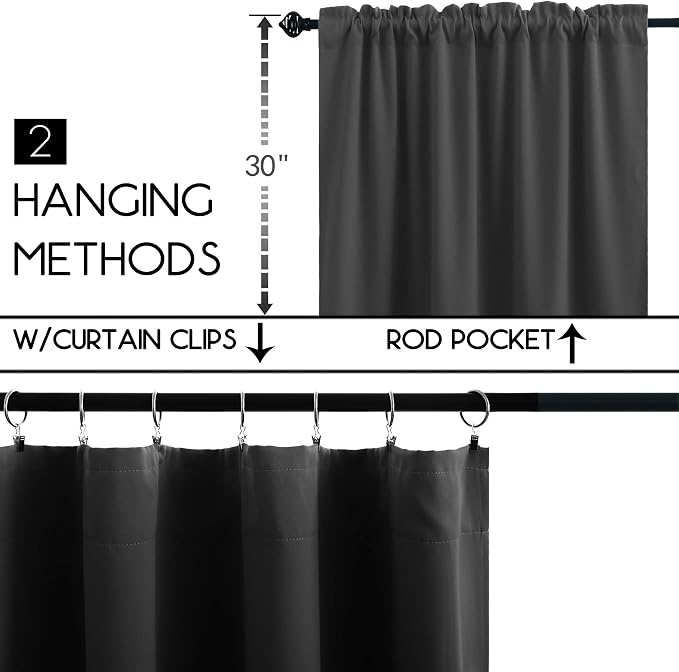 KOUFALL Extra Wide Short Curtains for Bedroom,Blackout 52 in Width Large Window Curtains for Living Room Bathroom,Set of 2 Panels,30 Inch Length,Dark Grey