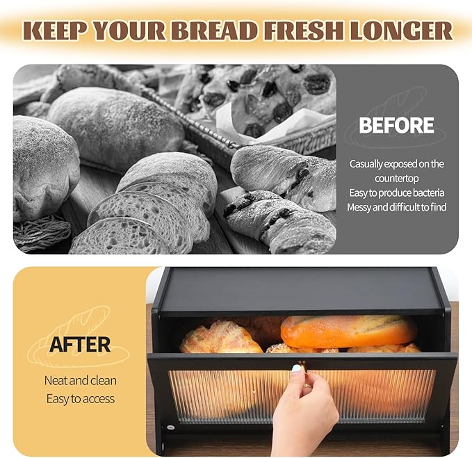 Bamboo Breadbox for Kitchen Countertop, Farmhouse Large Capacity Bread Container Storage Bin with Striped Window Door Panel, Vintage Bread Holder for Bagels, Muffins, Cupcakes & Cookies (Black)