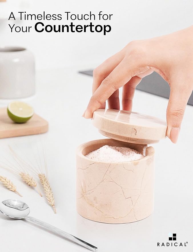 Radicaln Marble Salt Cellar with Lid and Tray 3" Inch Oceanic & Verona Handmade Set of 2 Seasoning Jars For Kitchen Storage, Ideal Table Sugar Bowl & Salt Dish For Countertop