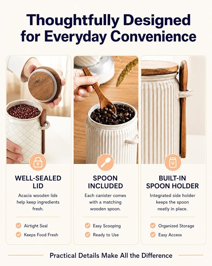 getstar Canisters Sets for the Kitchen, 32 oz Sugar Coffee Tea Storage Containers, Ceramic Kitchen Canisters for Countertop Set of 4 with Airtight Lids and Teaspoons