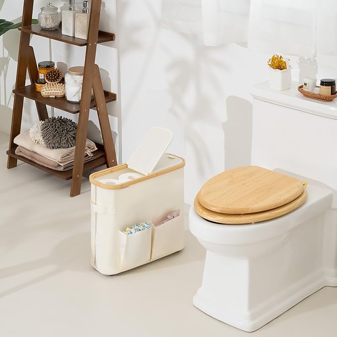 StorageWorks Toilet Paper Storage Basket with Lid, Slim Bathroom Organizer for Narrow Spaces, Toilet Paper Holder with Side Pocket and Clear Window, Holds 9 Mega or 12 Regular Rolls, Medium, Beige