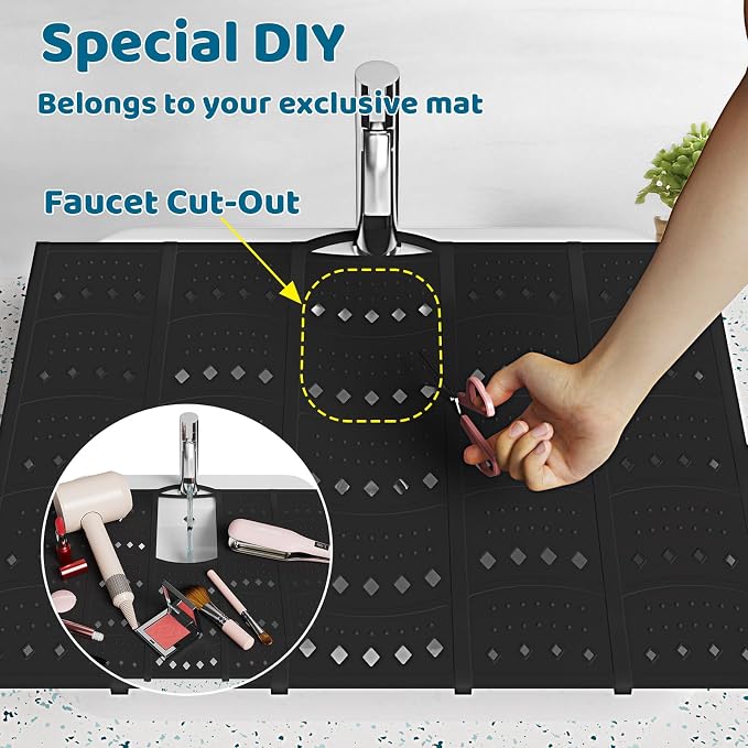 Bathroom Sink Cover for Counter Space, Sink Mat Foldable Sink Cover, Silicone Makeup Organizer Mat Space Saver, Small Bathroom & Rv Camper Travel Must Haves Accessories, Black