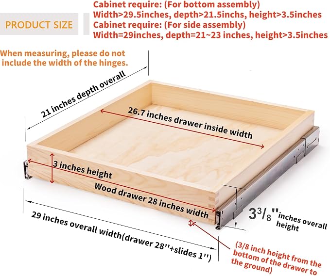 Mulush 29”W x 21”D x 3”H Soft Close Slide Out Wood Drawer Organizer for Kitchen, (Cabinet Opening>29.5 inches for Bottom Assembly, Width= 29 inches for Side Assembly)
