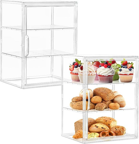 SANKEU Pastry Display Case,Bread Box for Kitchen Countertop,3 Layers Adjustable Clear Bread Storage with Magnetic Door Small Bakery Pastry Display, 2 Pack