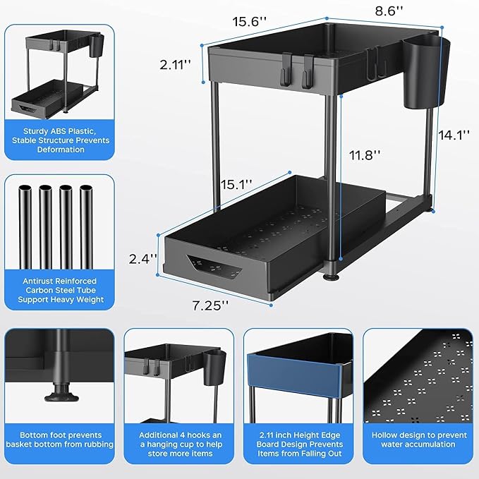 HEMOVIA Under Sink Organizer,Sliding Under Bathroom Automobiles Cabinet Storage Drawer Organizer Hanging Cup,Dividers,Handles,Multi-Purpose Under Sink Shelf...