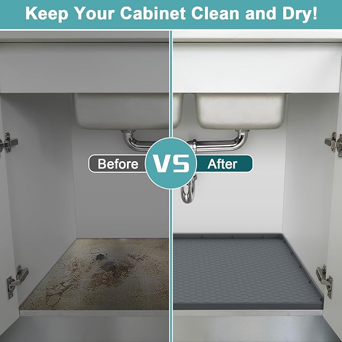 Waterproof Under Sink Mat, 28" x 19" Silicone Under Sink Mats for Kitchen, Under Kitchen Sink Mats and Protector Mat, Sink Cabinet Protector Mats for Bathroom, Gray