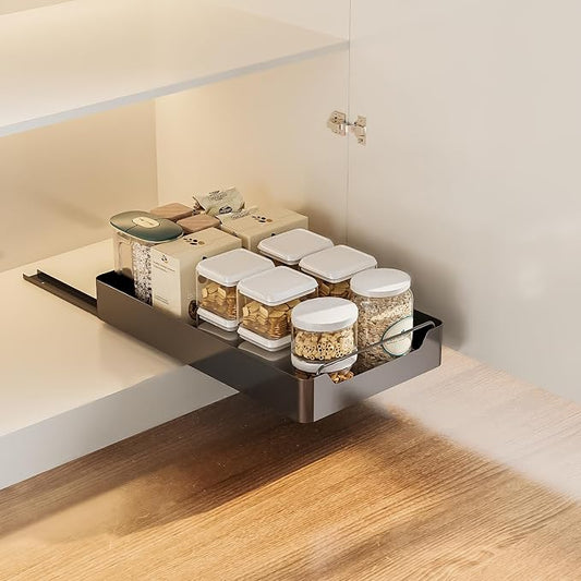 Pull Out Cabinet Organizer Slide Out Pantry Shelves With Nylon Adhesive Heavy Duty Sliding Drawer Pantry Shelf for Living Room Kitchen Bathroom Drawer Storage Box