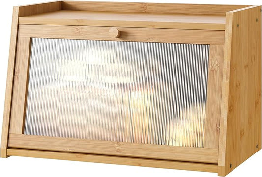 kiplant Bread Box for Kitchen Counter, Large Bamboo Bread Storage Container with Wavy Arcylic Door, Bamboo Wooden Farmhouse Bread Box for Your House (Natural, Medium)