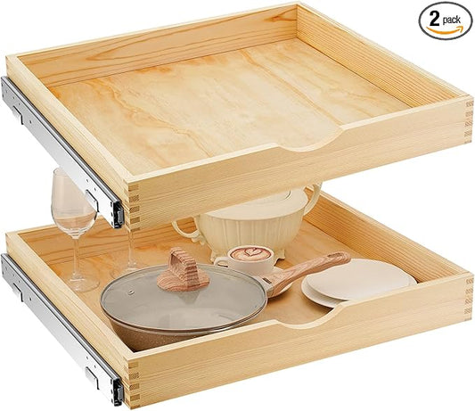 Menkxi 2 Set Wooden Pull out Cabinet Organizer Fully Assembled Slide out Pantry Drawer with Gentle Close Storage Shelf Tray for Base Kitchen Under Sink Bathroom Accessory(Wood Color,24'' X 21'' X 3'')