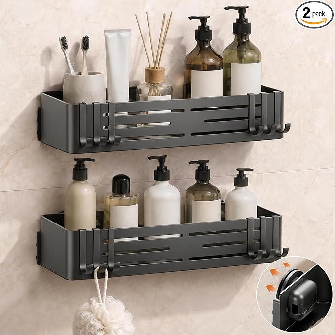 Lekesky Suction Cup Shower Caddy, No Drill Shower Shelf, Aluminum Rust Proof Bathroom Shower Organizer with 12 Hooks (2-Pack, Gunmetal Gray