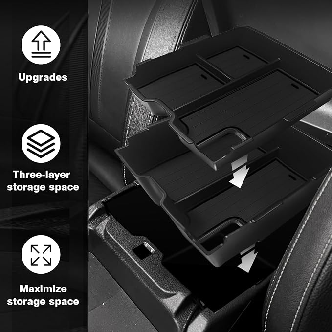 Muslogy Center Console Organizer Compatible with Ford Ranger 2024 2025 2026 & Raptor Accessories Two-Layer Storage Box Insert Tray Secondary Storage Divider Armrest Tray ABS Material Glove Box (Black)