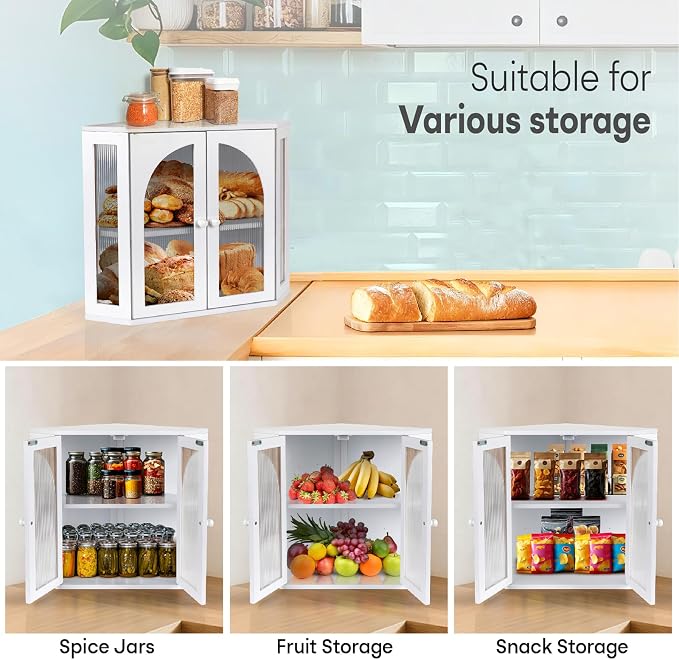 Corner Bread Box for Kitchen Countertop, Double Layer Bamboo Bread Storage Container for Homemade Bread, Large Capacity Bread Holder with 3 Adjustable Height for Counter, White