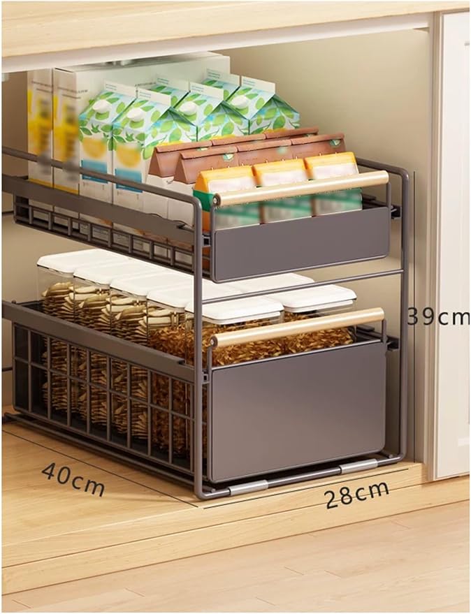 Pull Out Shelf Kitchen Storage Drawer- Slide Out Drawers for Kitchen Cabinets No Drill Shelves(Gray,40x28x39 cm)