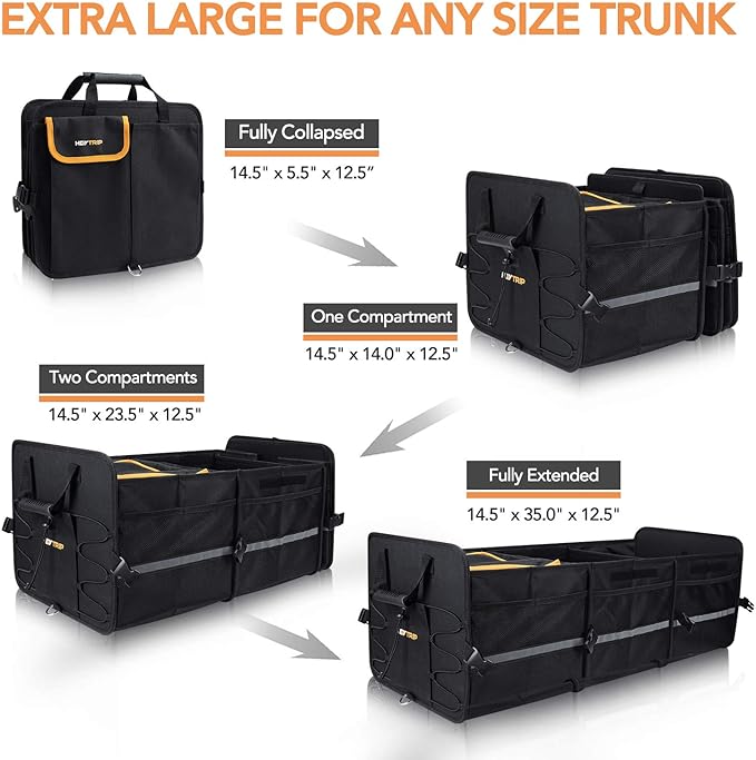 HEYTRIP Large Trunk Organizer With Built-in Leakproof Cooler Bag, 2 Tie-Down Straps, 4 Removable Dividers, Foldable Cover, Built with 2mm PE Board