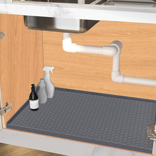 Under Sink Mat 22 x 19, Silicone Under Sink Protector Mat for Kitchen Waterproof, Easy to Clean Bathroom Cabinet Mat Organizers and Storage, Grey