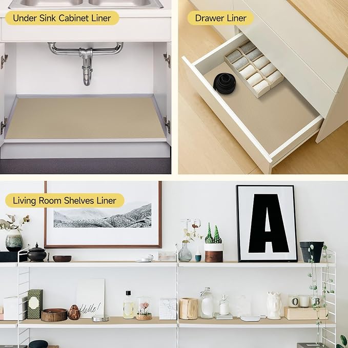 WochiTV Adhesive Shelf Liner 17.5 X 120 Inches Peel and Stick Kitchen Liner for Cabinets, Drawers Removable Protector Mat Waterproof Contact Covering for Dresser Pantry Countertops Shelves, Khaki