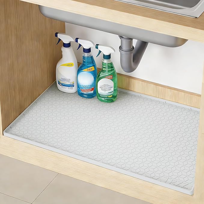 TRZZ Silicone Waterproof Under Sink Mat 28" x 22", Drip Tray and Cabinet Liner for Kitchen and Bathroom, Prevents Water Damage and Organizes Cabinets (Light Grey)