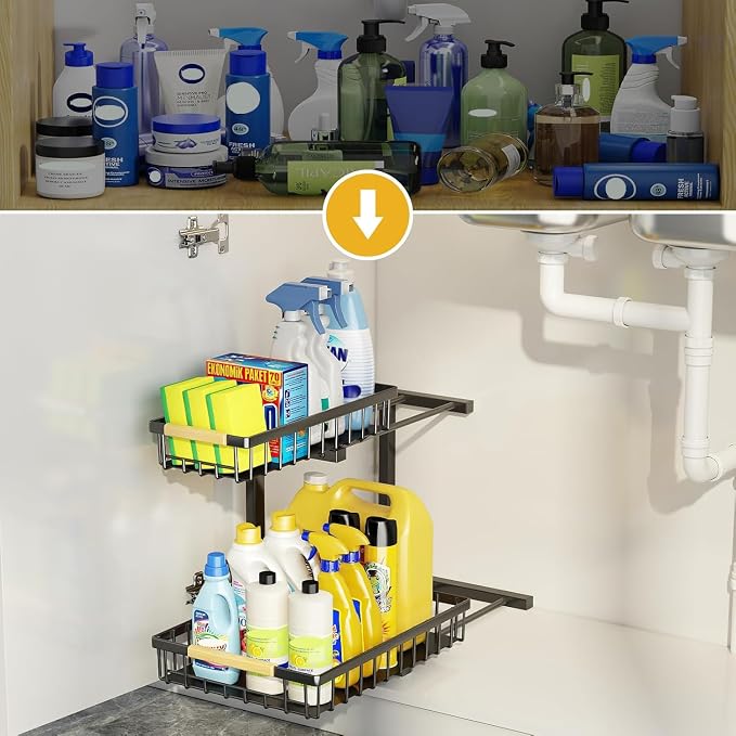 Under Sink Organizer and Storage, 2-Tier Pull Out Cabinet Organizers Shelf, Metal Sliding Drawers Shelves for Kitchen Bathroom Closet Organization