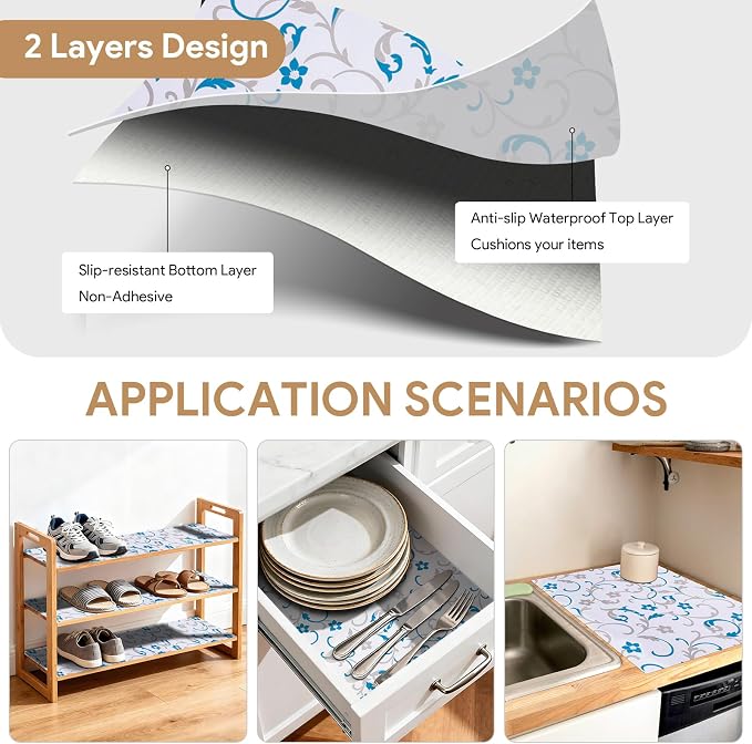 Shelf Liners Non Adhesive 3Rolls*17.7'' X 96'' Drawer Liner for Kitchen Cabinets, Waterproof Shelf Liners Durable Anti-Slip for Kitchen Cabinets Cupboard Liner