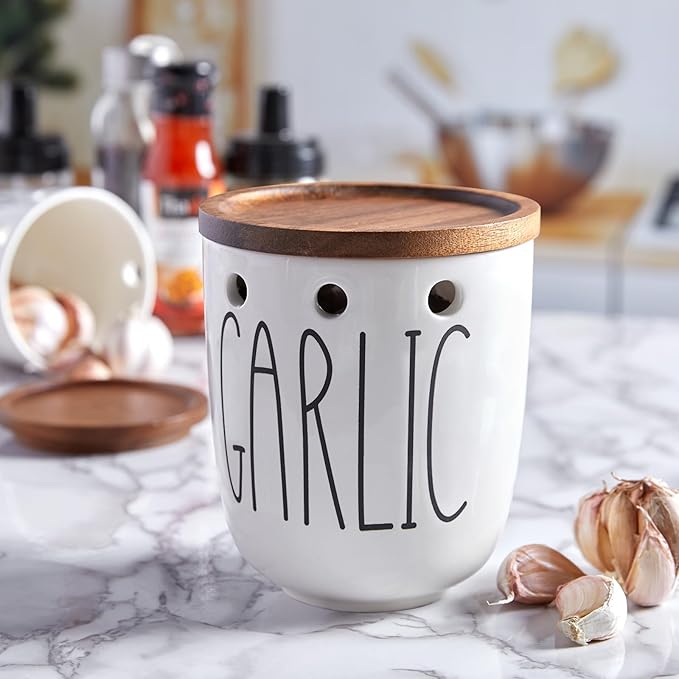 DAYYET Large Garlic Keeper for Counter, Ceramic Garlic Keeper with Acacia Wood Lid, Garlic Holder Storage Container, Garlic Saver for Kitchen, Farmhouse Kitchen Decor and Accesorries, White