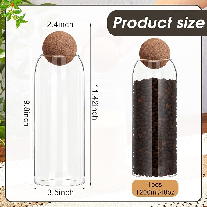 Suclain 1 Pcs Glass Jars with Cork Ball Lid Farmhouse Kitchen Canisters Coffee Bar Countertop Container Rustic Storage Jars for Bean Nut Sugar Coffee Tea Organizer Housewarming Gift (40 oz)