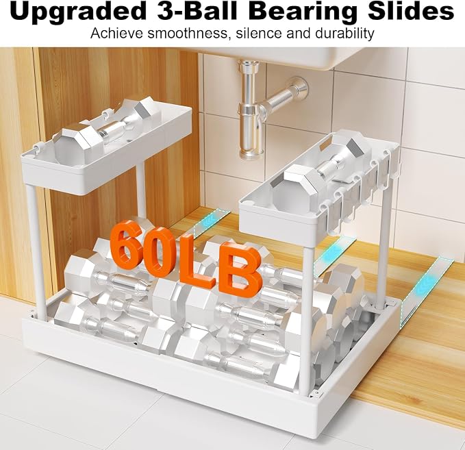 Expandable Pull Out Cabinet Organizer - Adjustable Width 12-18" & Depth 13-23", 3-Rail Heavy Duty Slide Out Drawer, No-Drills Adhesive Mount, Fits Lip & Lip-Free Cabinets (White)