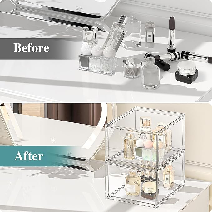 SpaceHacks 3 Pack Stackable Makeup Organizer and Storage, Acrylic Organizers，Clear Plastic Storage Drawer with Handles for Vanity, Undersink, Kitchen Cabinets, Pantry