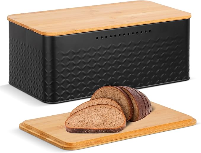 Hossejoy Metal Bread Box with Bamboo Cutting Board Lid, Bread Storage Container for Kitchen Countertop, Modern Bread Bin Holder Breadbox, Kitchen Decor Organizer (Black)