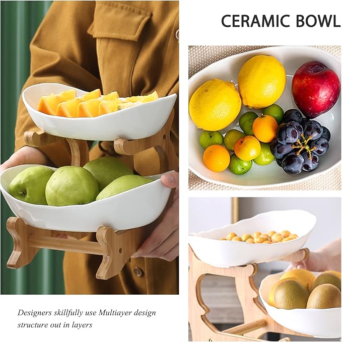 Liywall - 2 Tier Ceramic Fruit Bowl With Bamboo Wood Stand for Kitchen Counter,Porcelain Fruit Basket for Vegetable Storage,Snack Dessert Cake Tray Plate Rack for Party Wedding - White