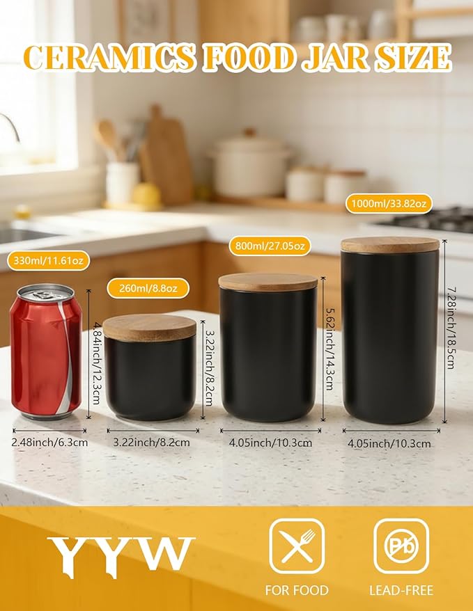 YYW Ceramics Food Storage Jar Canister with Airtight Seal Bamboo Lid, Simple Style Kitchen Canister for Food Storage, Store Coffee, Sugar, Tea, Spices and More (Black (27.05oz/800ml))
