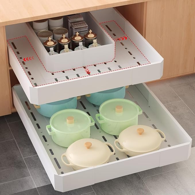 Pull out Cabinet Organizer,Adjustable Width (14"-19") and Depth (17"-24") Expandable,No Drill Slide out Drawers for Kitchen,Pantry,Adhesive Roll out Shelves,for Cabinets Without Lip