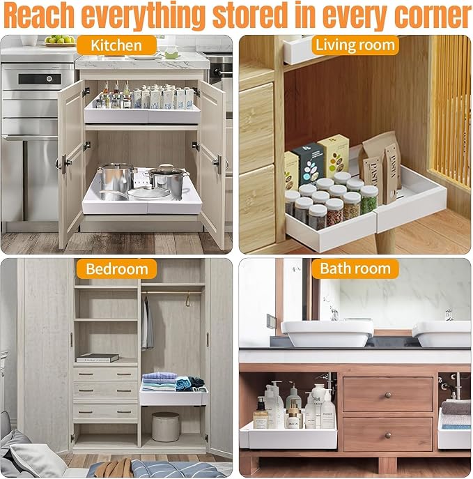 Expandable Metal Pull Out Cabinet Organizer 21"Deep with Raising Pad for Framed Cabinets/Pantry,Upgrade 3 Slide Rails Sliding Drawer for Cabinets with Adhesive Adjustable Width 12.05"-20.4"White 2P