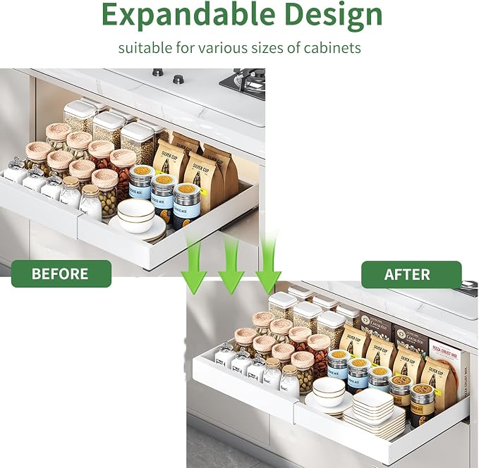 2 Pack Expandable Pull Out Cabinet Organizer 21" Deep, Upgrade 3 Slide Rails No Drill Adjustable Slide Out Drawers, Adjustable Width 12.05"-20.5" for Kitchen,Pantry,Framed Cabinets White