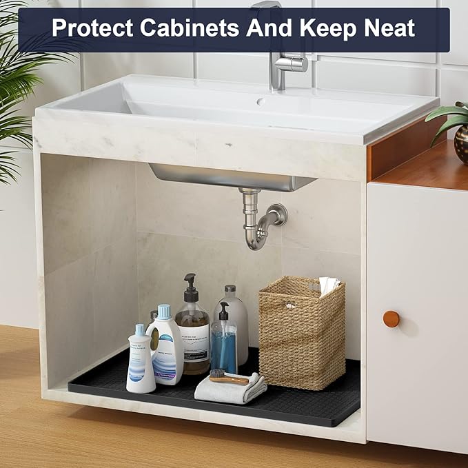 Under Sink Mat - 28" x 22" Waterproof Kitchen Cabinet Tray - Flexible Silicone Under Sink Liner - Kitchen Bathroom Cabinet Mat and Protector for Drips Leaks Spills (Black)