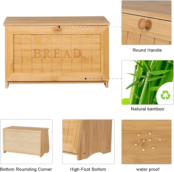 HOMEKOKO Vintage Large Wood Bread Box for Kitchen Counter, Retro Design Single Layer Bamboo Large Capacity Food Storage Bin (Natural Bamboo)