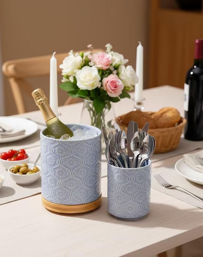 TEATALK Ceramic Utensil Holder Set, 360° Rotating Organizer for Countertop, Farmhouse Vintage Style, Large and Small Crocks in Light Blue 7.7"+5.7", Light Blue