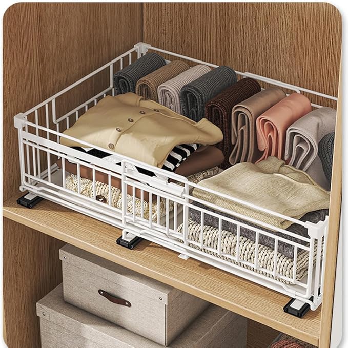 Expandable Pull Out Cabinet Organiser, No Drill Adhesive Slide Out Kitchen Drawer Shelf Durable Metal for Under Sink, Cupboard, Pantry, Adjustable Width (12.8"-19.7") (Style B White, 1 Pack)