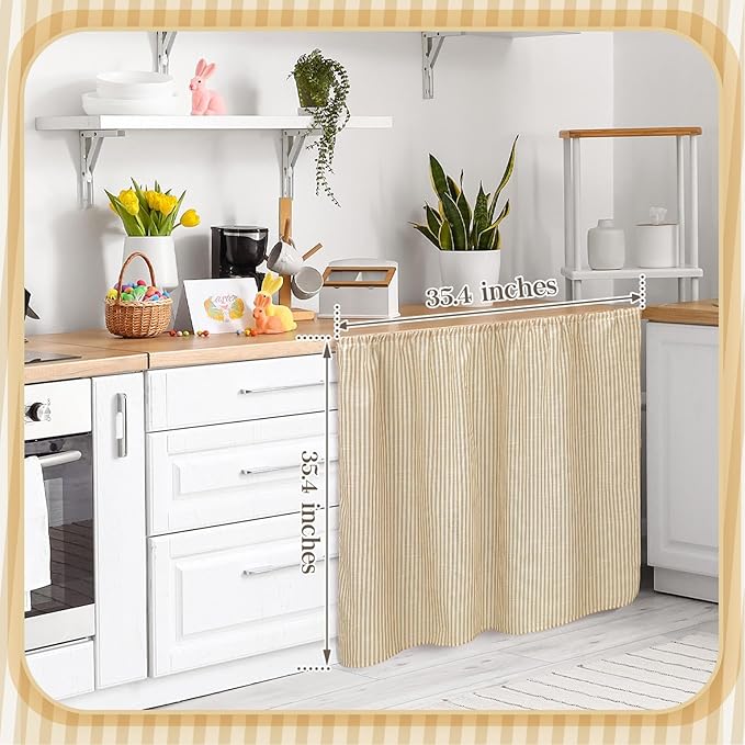 VitalCozy Cabinet Curtains 35" W x 35" L Sink Skirt for Bathroom Kitchen Brown Stripes Cabinet Curtains for Classroom Home Farmhouse Rustic Drape Under Desk Privacy Drape for Laundry Room