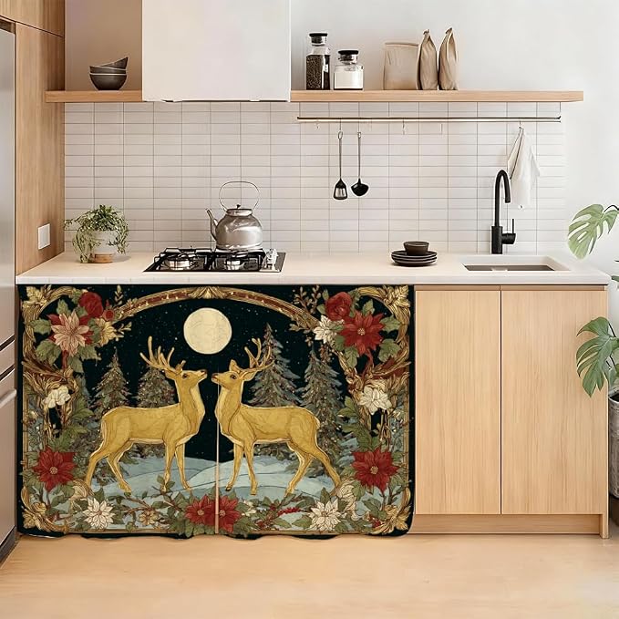 Self Adhesive Golden Deer & Full Moon Cabinet Curtain for Mother's Day, 39x28 Inch Celestial Forest Under Sink Skirt No Drill, Spring Cleaning Kitchen Decor, Hook and Loop Laundry Valance