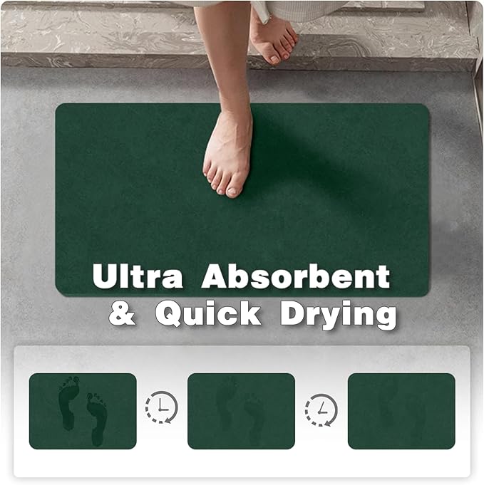 TYUU Bathroom Mat Quick Dry, Bathroom Rugs Non Slip Washable Thin Absorbent Bath Mat Fits Under Door Bathroom Floor Mat Perfect for Bath, Shower, or Sink 24"x60" Dark Green