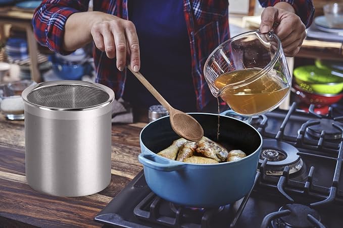 Oggi Stainless Steel Jumbo Grease Container with Removable Strainer and Snug Lid. Perfect container for fryer oil, bacon drippings, lard and ghee oil. Large capacity can - 1 Gall / (Pack of 3)