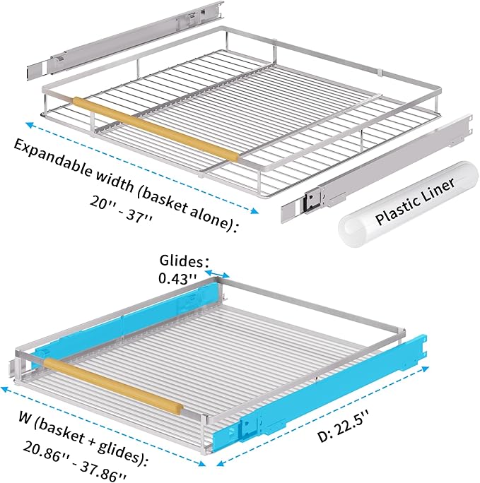Expandable Pull Out Drawer Cabinet Organizer, Adjustable Width Bottom-Mounted Slide Out Storage Shelves for Cabinets, Required Cabinet Size (W: 20.86"~37.86", D≥22.5"), 1 Pack