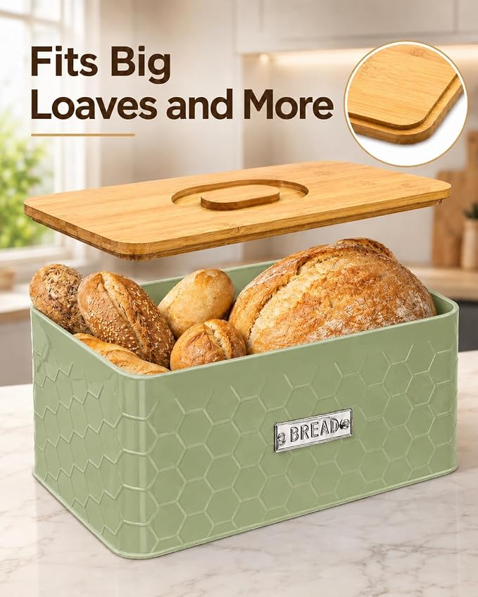 vensovo Bread Box for Countertop – Large Green Metal Bread Bin with Bamboo Cutting Board Lid, Farmhouse Bread Storage Container for Homemade Bread, Baked Goods & Kitchen Counter Organization